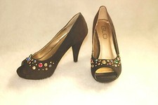GLO Jeans Heels Shoes Peep Toe Black Suede Look Rhinestones Jilly Sz 6  VG