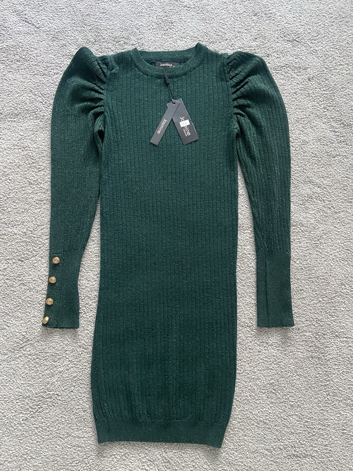Ladies Jasmine Fashion Green Sparkle Ribbed Knit Dress Size Small Brand New