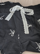 Umgee Women's Black Boho Lounge Pants Embroidered Bows Elastic Waist Drawstring