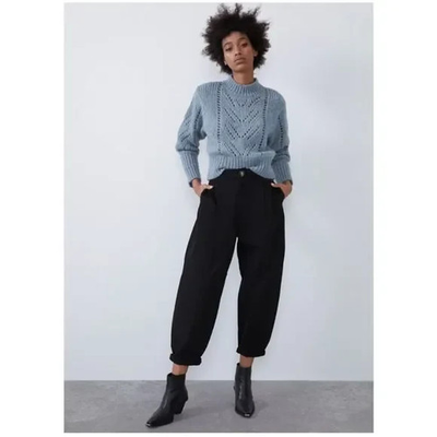 #ad #ad Zara Slouchy Pleated Pants Black Women#x27;s Size Large Barrel High Rise Tapered $34.99