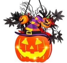 BlcTec Halloween Pumpkin Lights 10 in. Lighted Jack-O-Lantern w Witch Hat Leaves