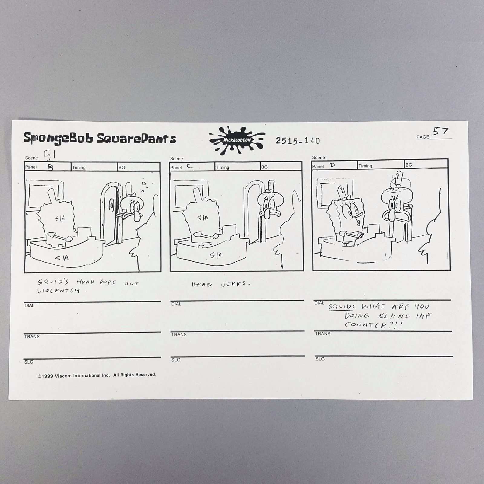 SpongeBob SquarePants Storyboard Squidward's Head Pops Out, Production Cel COA
