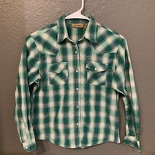 WRANGLER Girls Green Plaid Western Pearl Snap Long Sleeve Shirt Size XL
