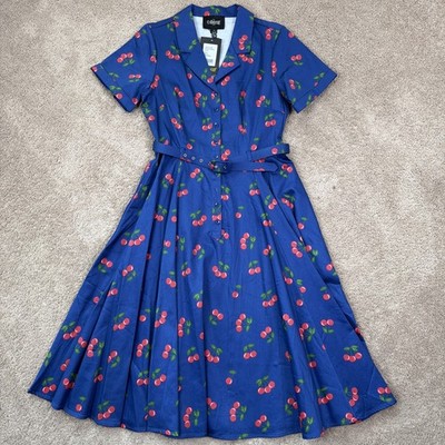 Collectif London Dress Women 12 Navy Blue Cherry Print Retro Rockabilly  Tradwife | eBay