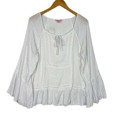 Lilly Pulitzer Amisa Top Women L White Gauze Boho Peasant Blouse Bell Sleeve NWT