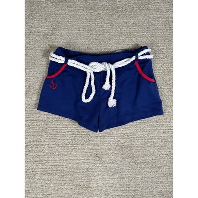Pierre Cardin Womens Blue Nautical Anchor Shorts Rope Belt Red Trim Size M