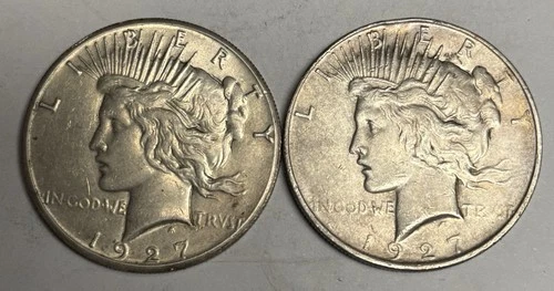 VF+ 1927-P + 1927-D Peace Silver Dollars, U.S. Type Coin $1 Set Lot