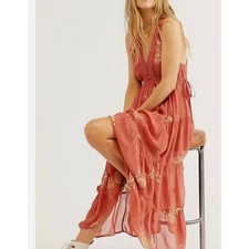 Free People Embroidered Maxi Dress Small Tiered Halter Neck Coral Boho NWT