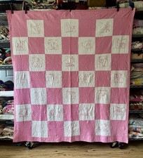 Vintage Pink Cream Redwork Quilt Hand Quilted Religious Nursery Rhyme 68 X 71