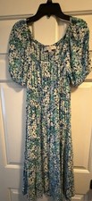 LOFT Green Blue Ditsy Floral Midi Dress Sweetheart Boho Cottage Fairy Dress, PS