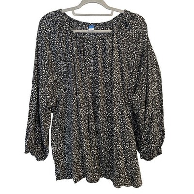 Old Navy Black Floral Poet Blouse Cottagecore Boho Pleated Long Sleeve Top 4X