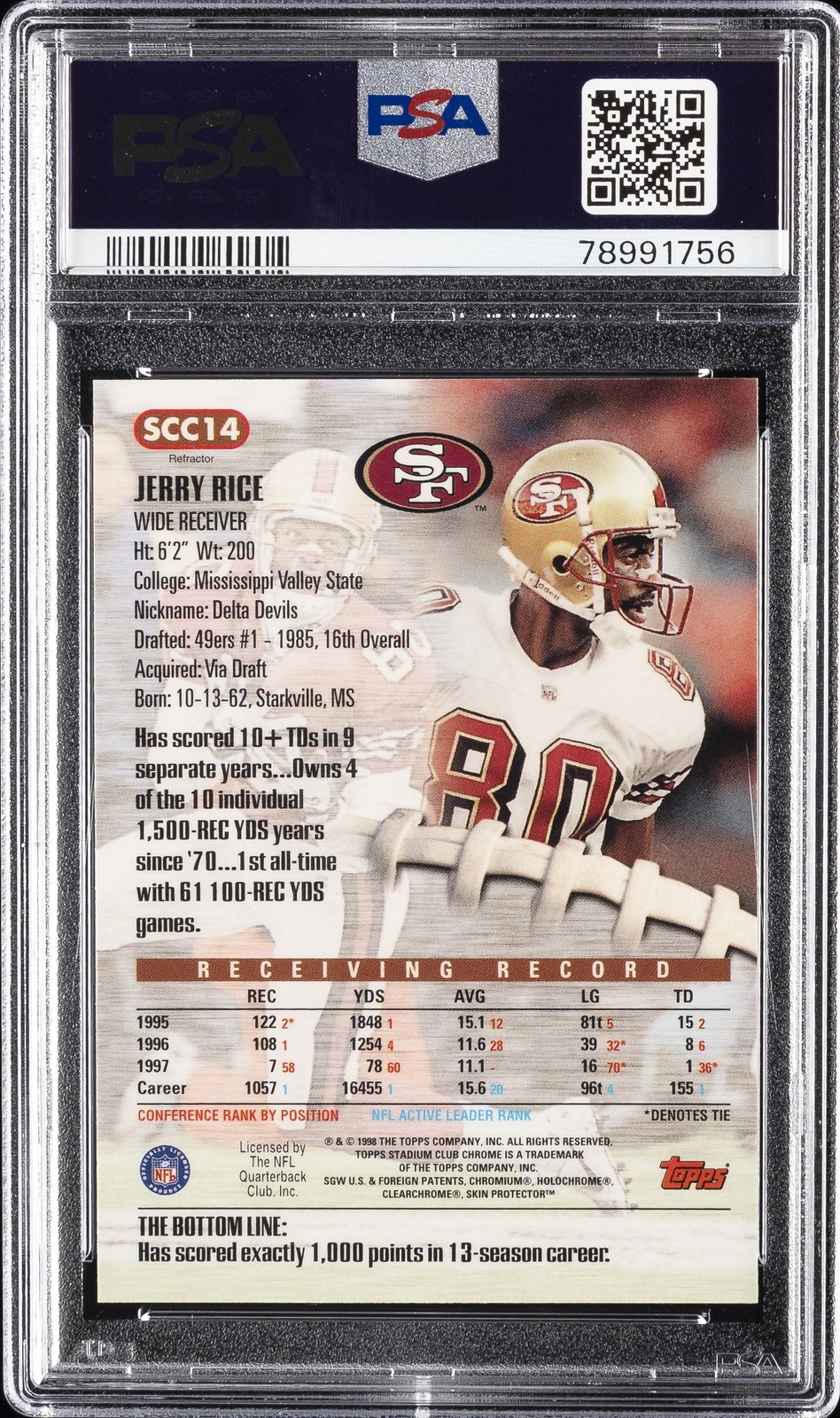 1998 STADIUM CLUB CHROME REFRACTOR #SCC14 JERRY RICE PSA 10 view 2