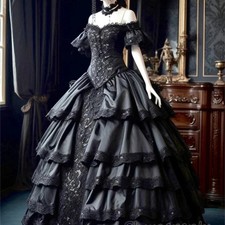Gothic Black Wedding Dresses Off Shoulder Layered Pleated Corset Bridal Gowns