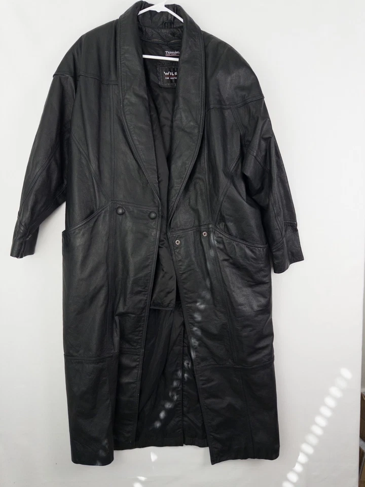 Wilsons 皮革 Thinsulate Trench Coat 男式黑色 M 实心按扣重口袋 — 第 2/4 张图片