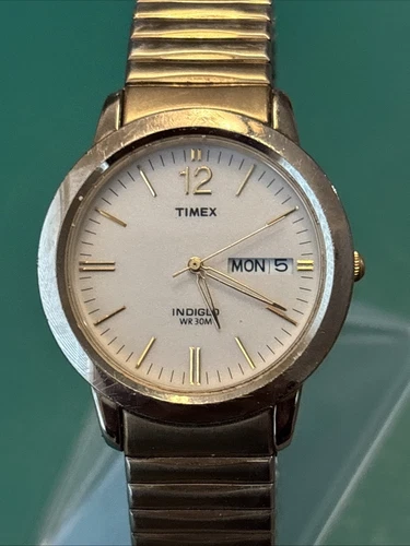 Timex Chambers Vintage Street Watch Men Gold Tone Round Dial Date Stretch