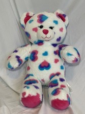Build A Bear Hearts Hugs Teddy Bear 17" White Plush W/Blue Purple Pink Hearts