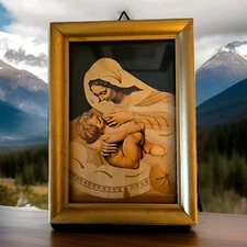 Vintage 1976 Marquetry Inlaid Mixed Straw Art Madonna & Child Framed 5x7 Poland