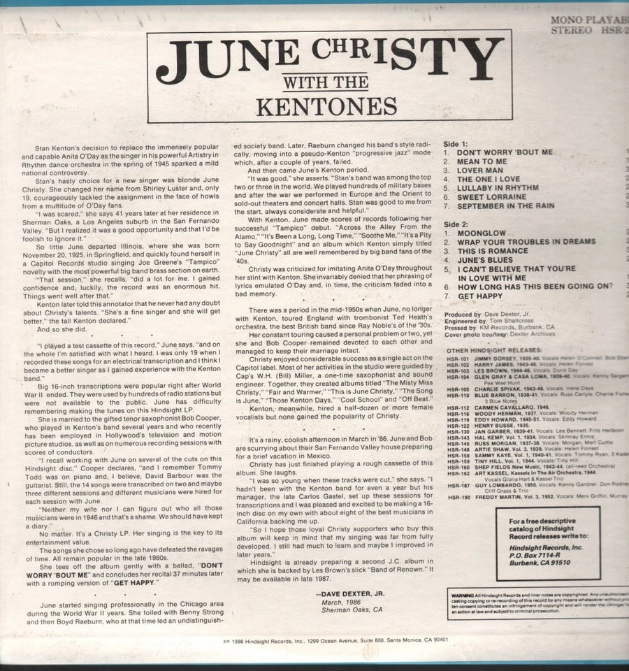 June Christy Uncollected LP Vinyl USA Hindsight Compilation HSR219 - Bild 2 von 3