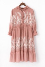 Pink Chiffon Floral Embroidered Ruffle Neck Long Sleeve Midi A-Line Dress