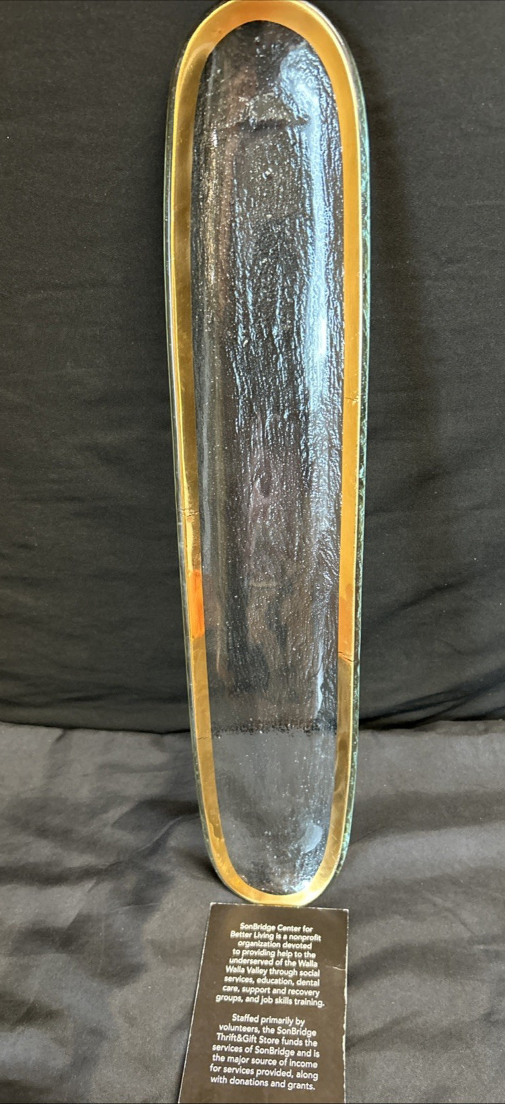 vintage SIGNED  ANNIE GLASS 16.5"x 3.5" ROMAN ANTIQUE GOLD RIM SERVING PLATTER