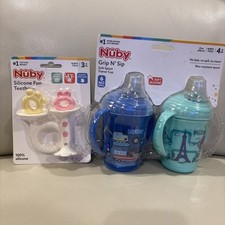2 Pk Nuby Grip N' Sip Soft Spout Trainer Baby Cup  Silicone Fun Tethers