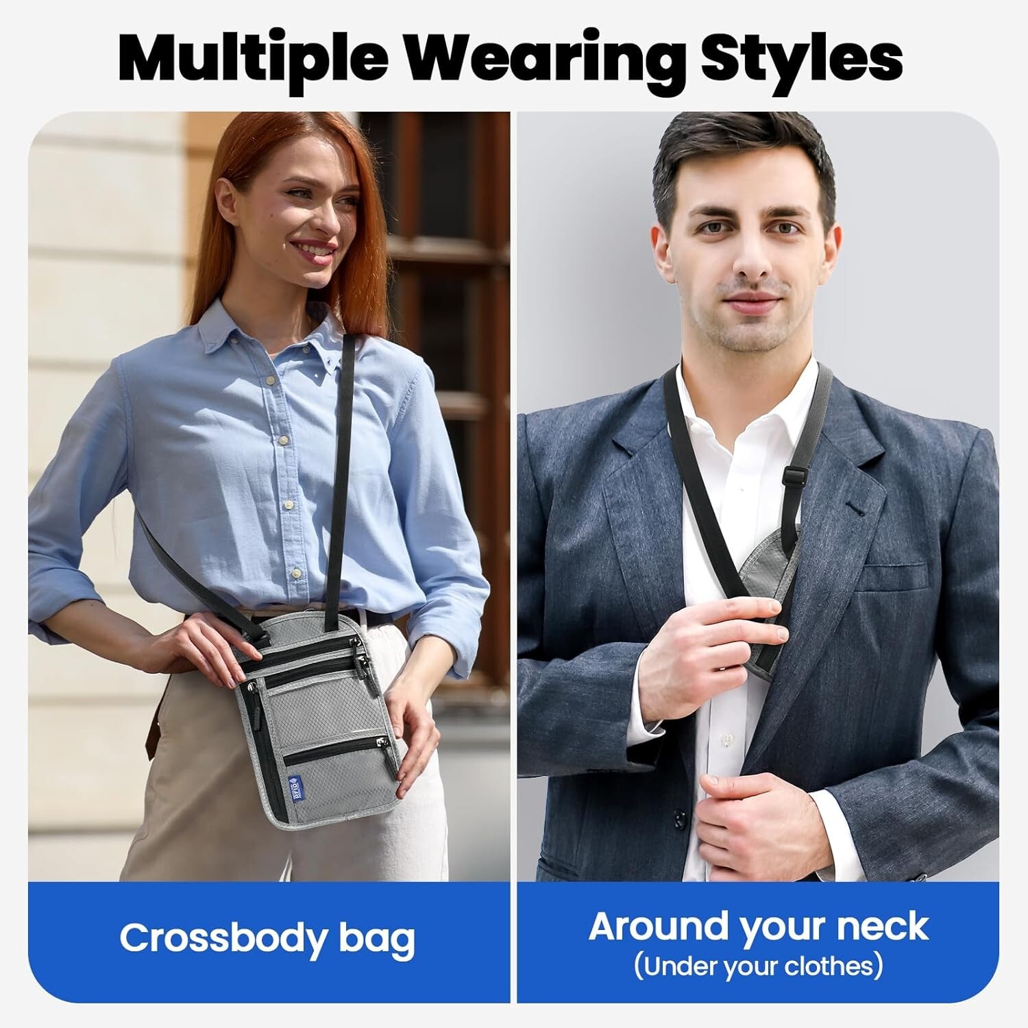 Anti-Theft RFID Blocking Travel Neck Wallet Passport Holder, Gray  NEW