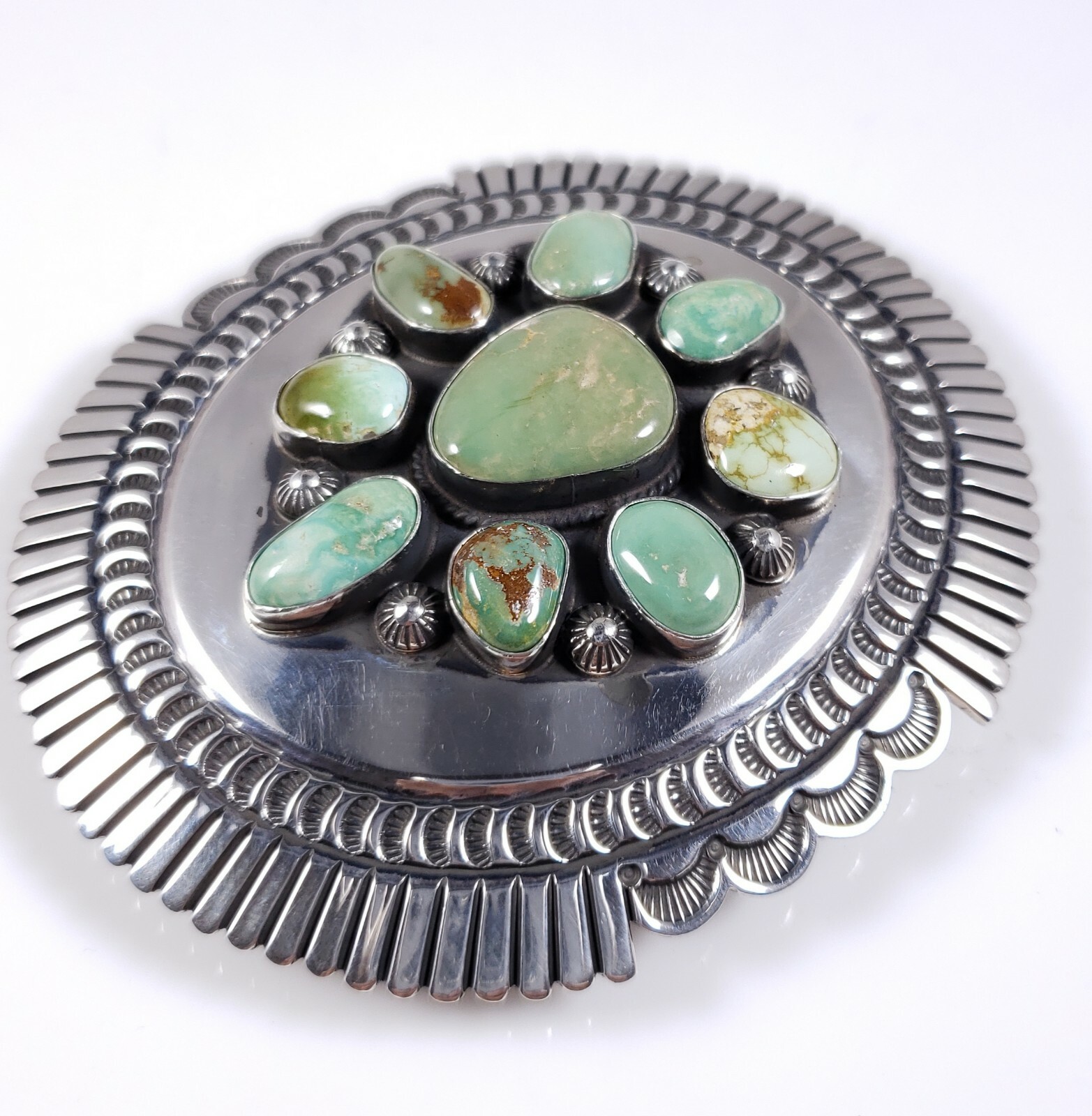 Ceinture Concho Pawn Navajo Ancienne En Argent Estampillé Main - Avec Turquoise, Longueur 44 Pouces
