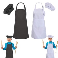 2 Sets Black  White Kids Aprons And Chef Hat Set For Girls Boys Baking Cooking