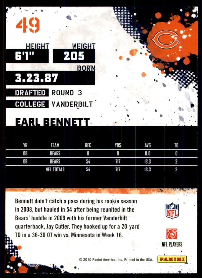 2010 SCORE EARL BENNETT CHICAGO BEARS #49 - Image 2 of 2