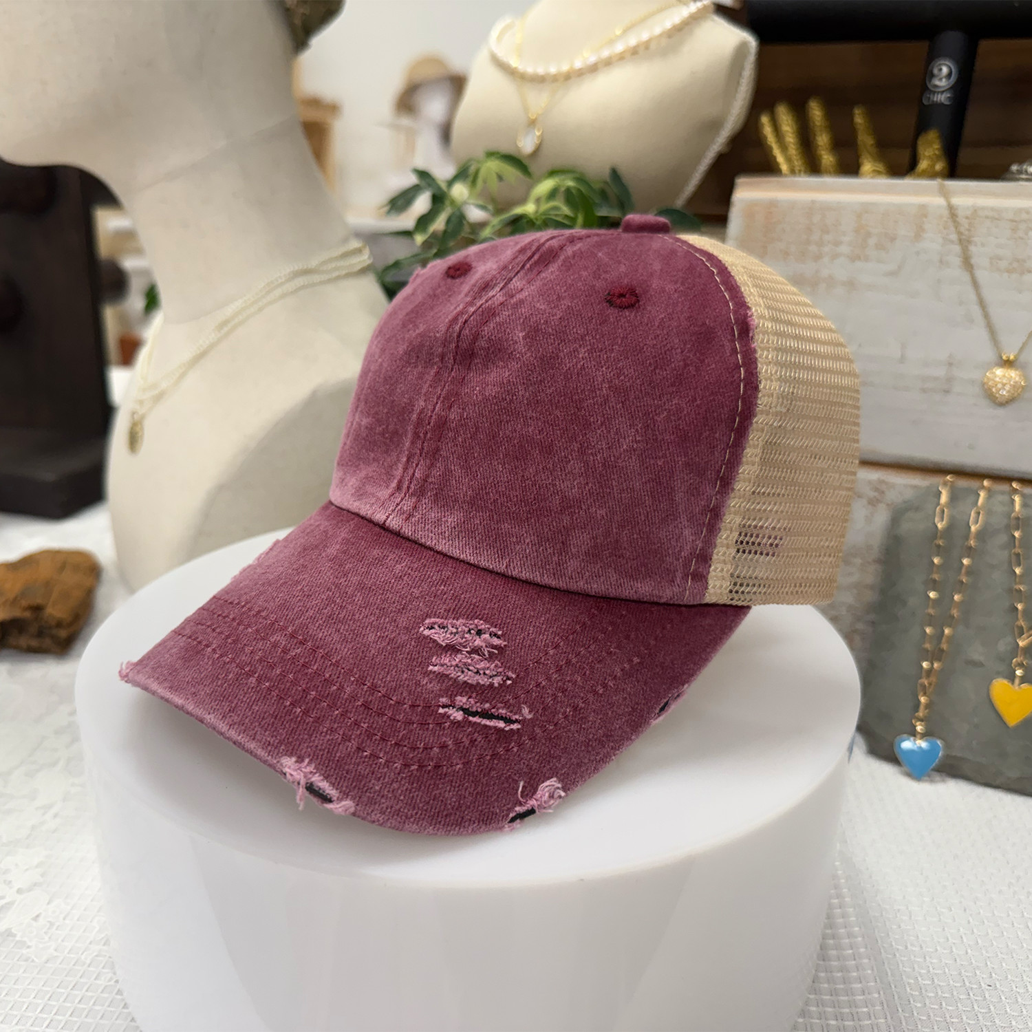 Women's Baseball Hat-Ponytail Baseball Cap Distressed Washed Messy High Bun Hat