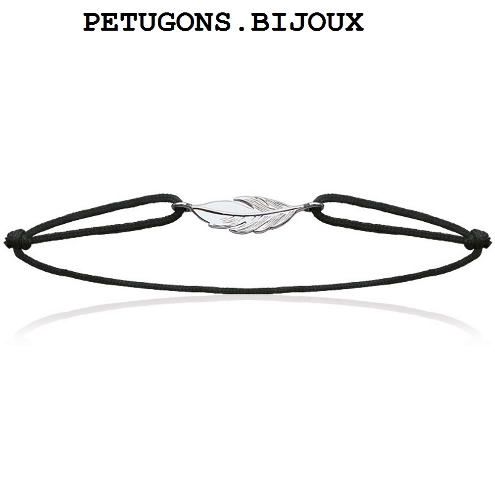 Bracelet plume argent réglable 18-22cm anti-perte cordon femme sans fermoir