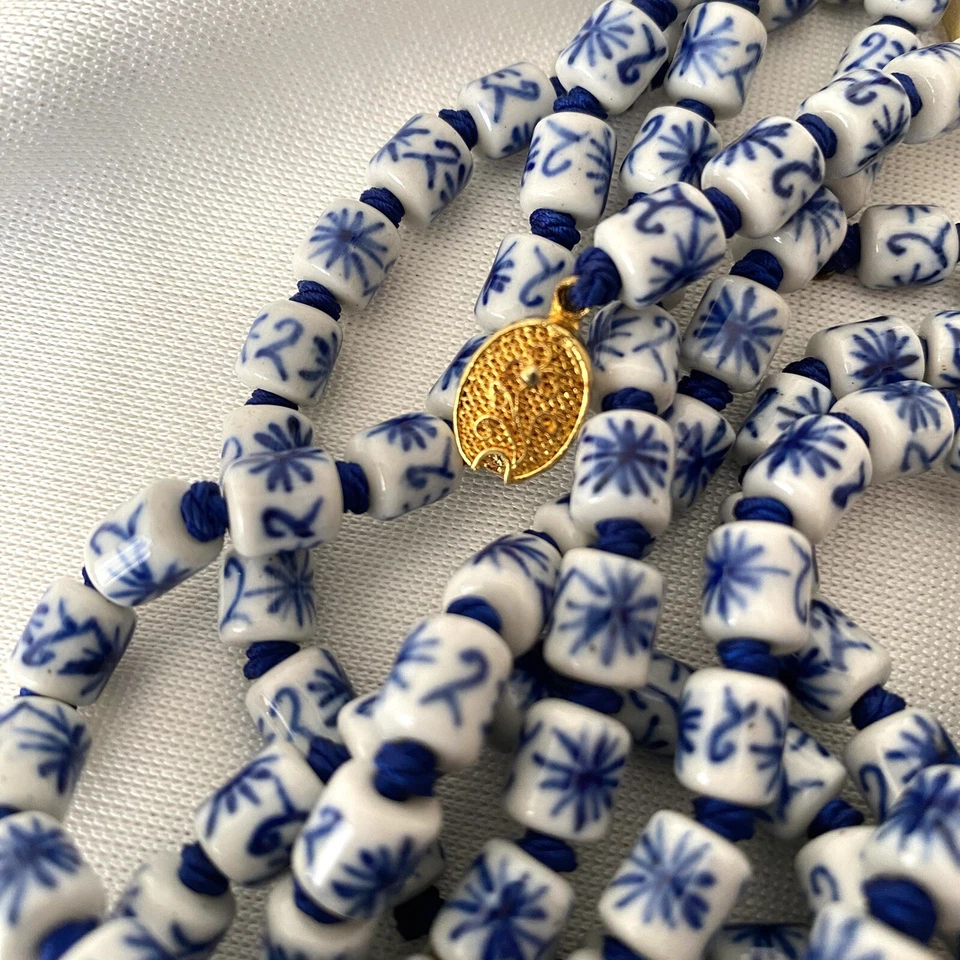 Collar de cuentas de porcelana pintado a mano de colección broche de oro anudado a mano 24" Foto 2 de 4
