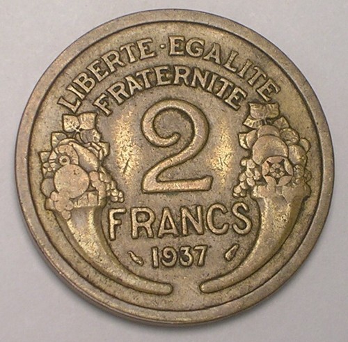 1937 France French 2 Francs Head of Republic WWII Era Coin VF+ - Picture 2 of 2
