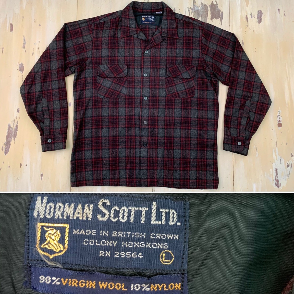 NORMAN SCOTT - Vtg Gray Red Wool Plaid LS Rockabilly Button-up