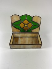 Vtg Signed Stained Leaded Slag Glass Hinged Jewelry Trinket Floral Vanity Box