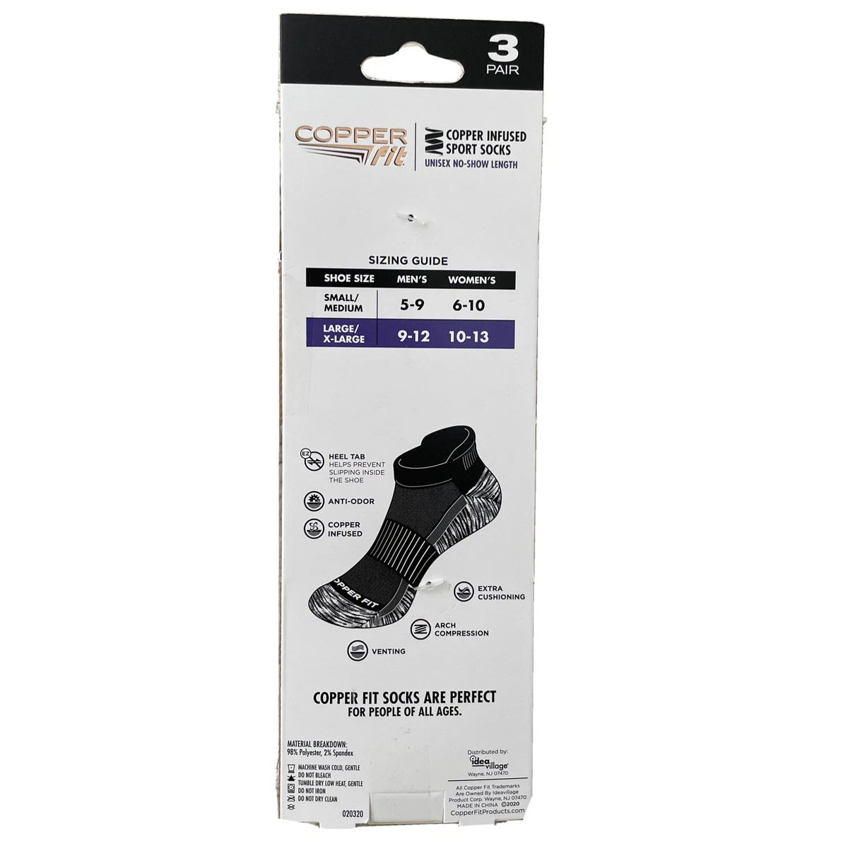 Copper Fit Unisex Copper Infused No Show Socks 3 Pack Black