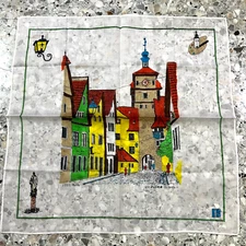 MAN JAPAN HANKY WHITE COTTON POCKET SQUARE 16" DRAW ART ROMANTIC ROAD ROTHENBURG