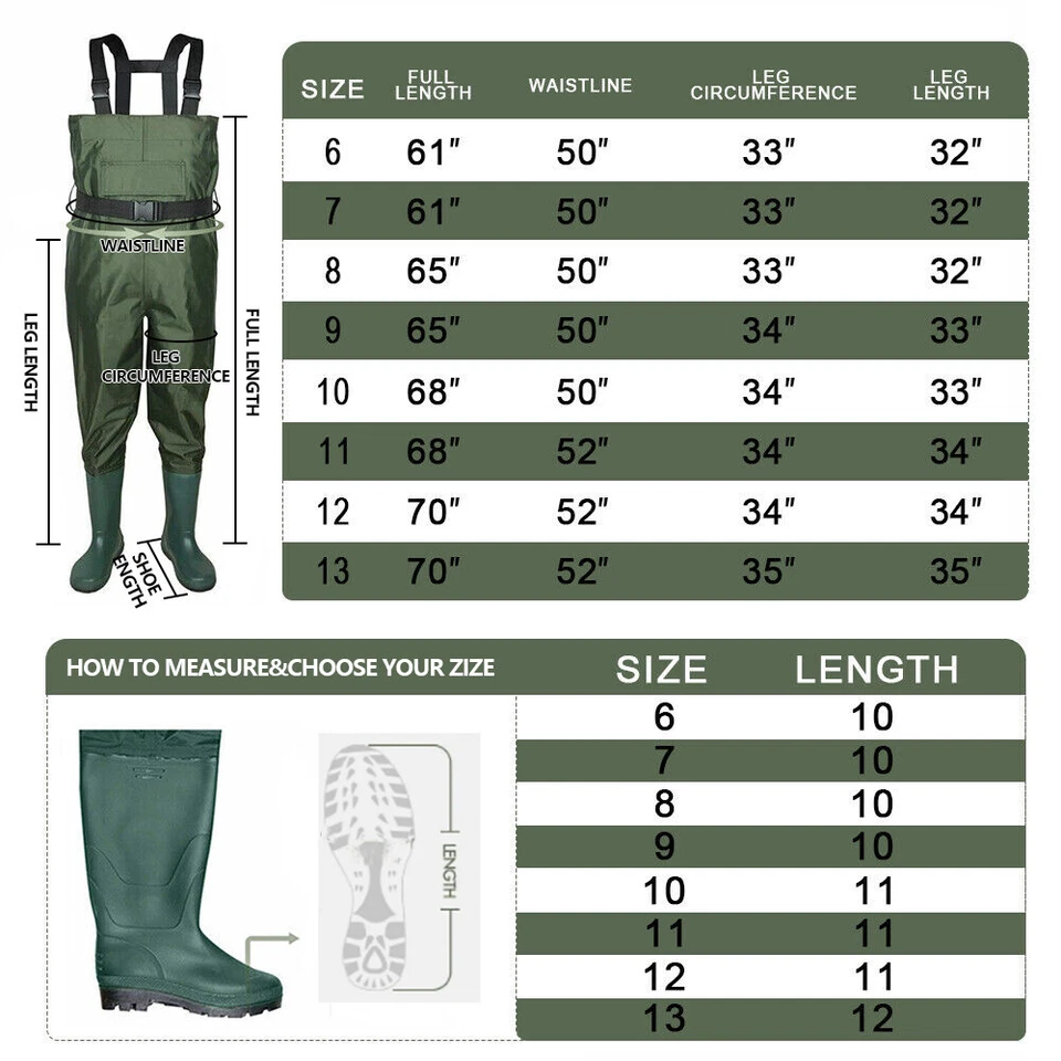 Waterproof Chest Waders Nylon 2-Ply Rubber Bootfoot 6-13 size Hunting Fishing - Image 2 of 4