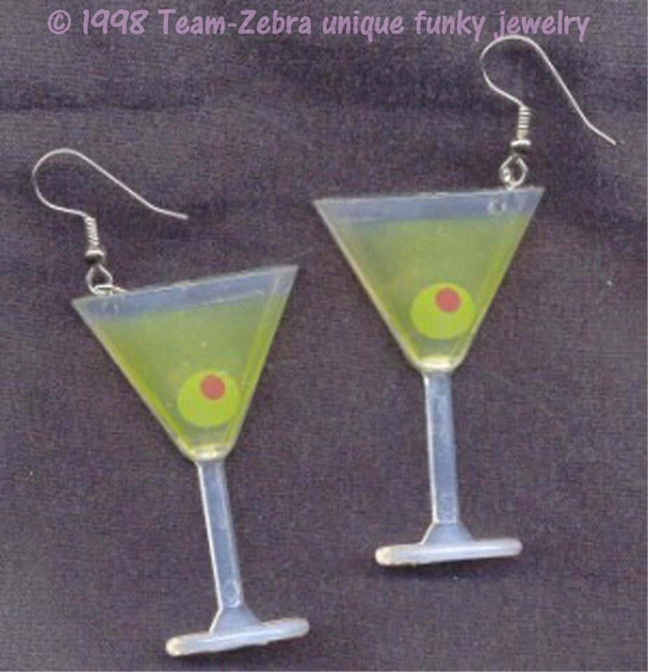 Funky Martini Glass Earrings - Handmade Cocktail Party Novelty Jewelry, 2 Inch Green Acrylic