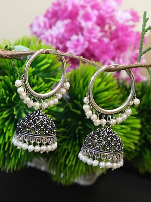 Indian Earrings Silver Oxidized Hoop With White Pearls Jhumka