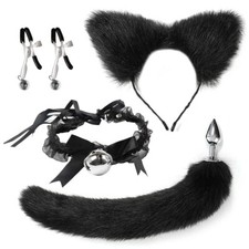 Cute Fox Tail Anal Plug Cat Ears Headbands Set Nipple Clip Neck Collar Toy