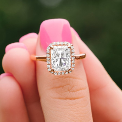 2.5CTW Radiant Moissanite Certified Halo Engagement Ring in 14k Rose Gold Plated
