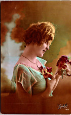 RPPC Hand Tinted Pretty Lady Wavy Upswept Hairdo Necklace Studio Pose WOB (N30 )