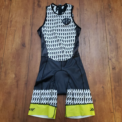 Zoot Mens XS Triathlon Suit Rear Zip Trisuit Skinsuit Cycling Swim Black White