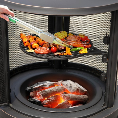 Outdoor 30 Inch Fire Pit Chiminea 2 in 1 Wood Burning Metal Fireplace w/ Grill - Picture 5 of 9