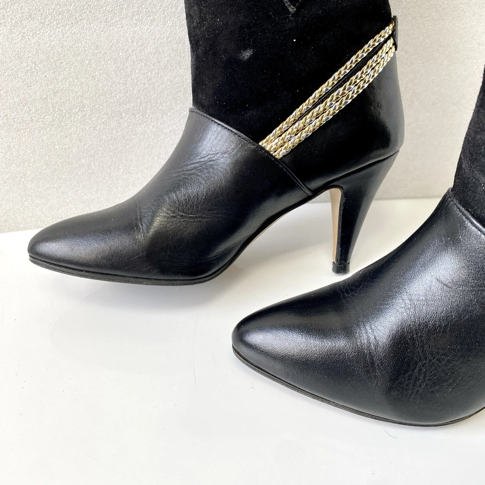 Botas Sheila E Cuero Negro Dorado Gamuza Talla US 7.5 Grecia Años 80 Gatito Tacón Disco Foto 4 de 4