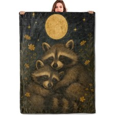 Raccoon Moonlight Throw Blanket Nocturnal Full Moon Flannel 50x60 Inch