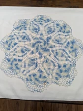 Vintage Doily, Hand Crocheted, Large 21" Blue & White Verigated, Star Middle