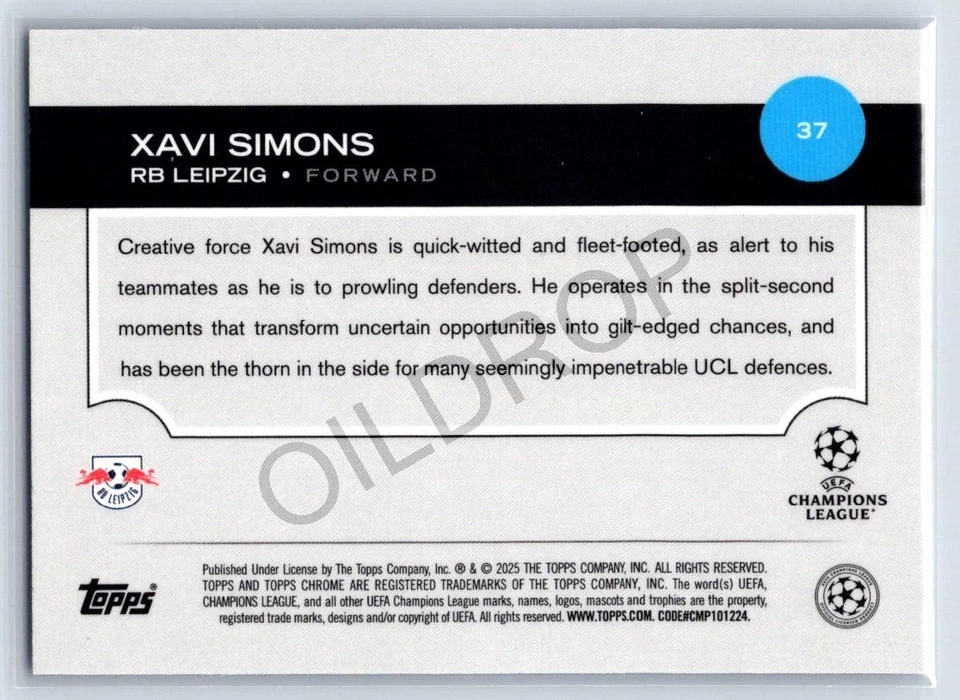 Xavi Simons 2024-25 Topps Chrome UEFA Sapphire #37 - Image 2 of 2