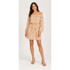 Sanctuary Off Shoulder Mini Dress Womens Size Small Orange Yellow Ikat Boho New